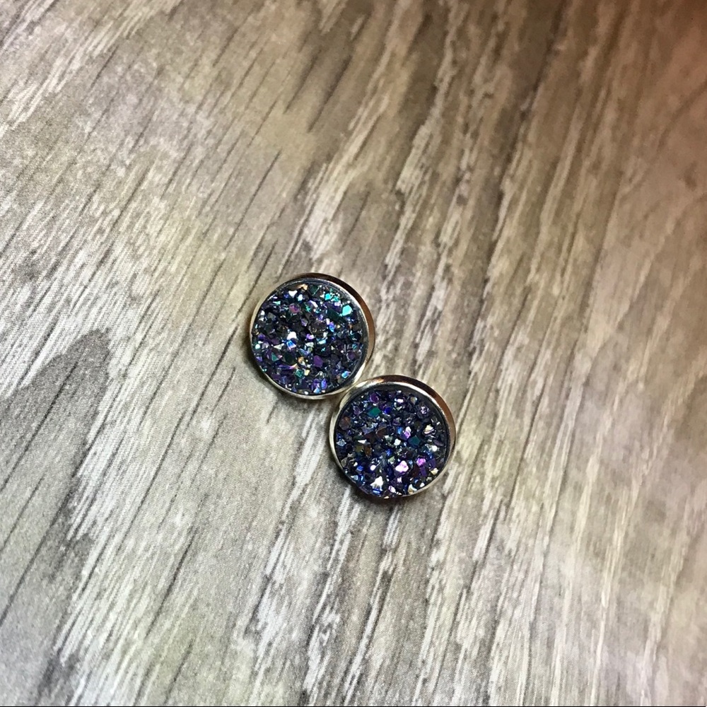Multicolor Black Druzy w/Silver Stud Earrings